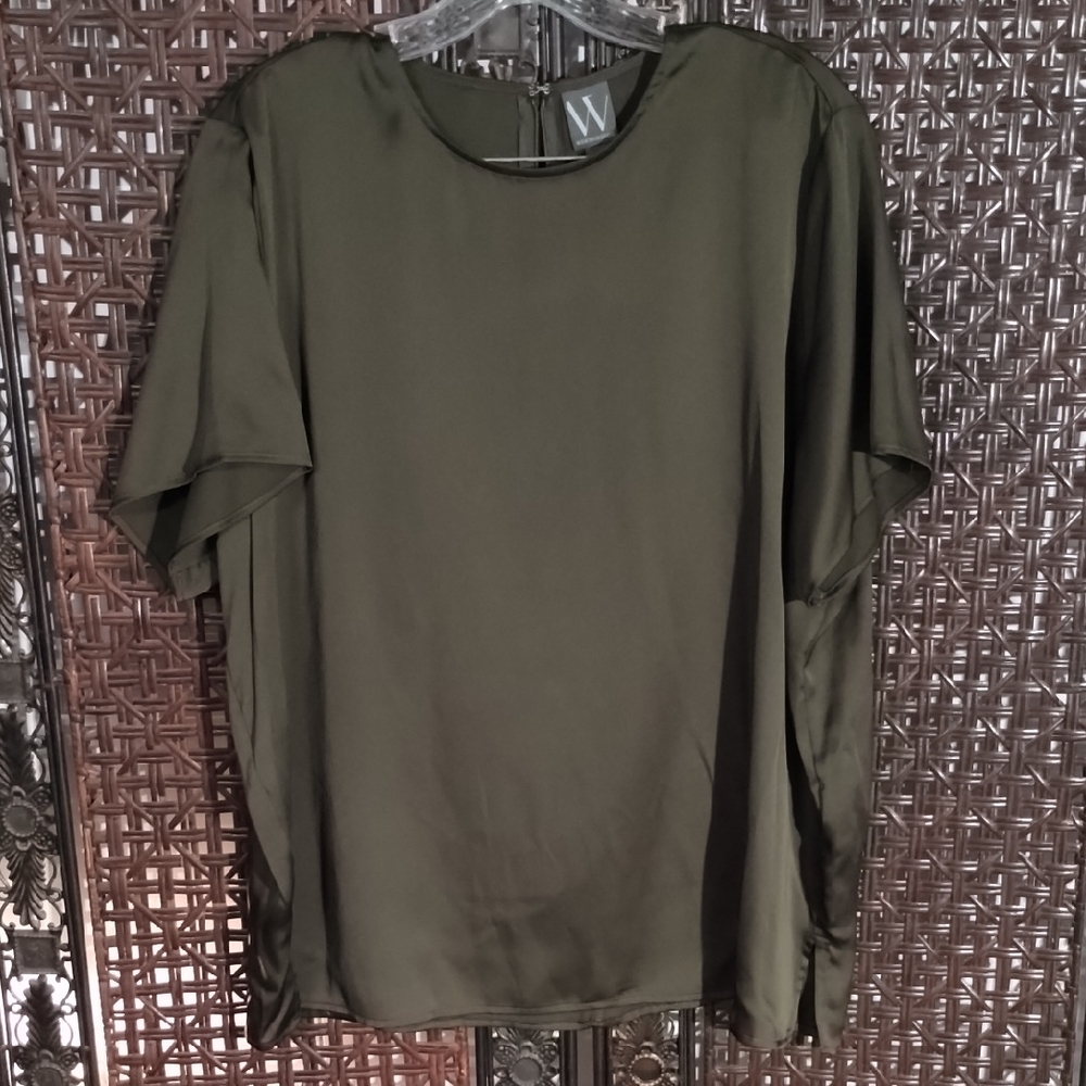 Worthington Olive Green Women's Blouse XXL Satin Type Office Casual Zipper